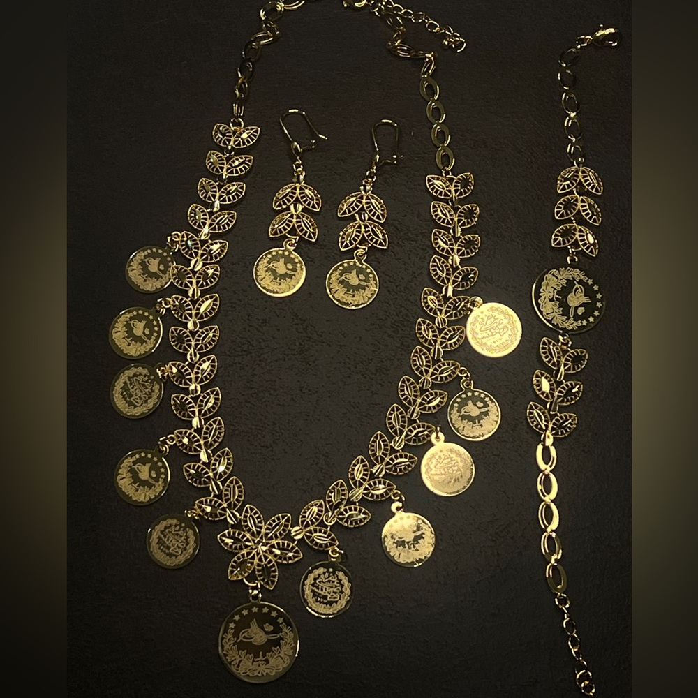 3 piece Elegant 21K Gold Plated Coin Leaf Jewelry Set